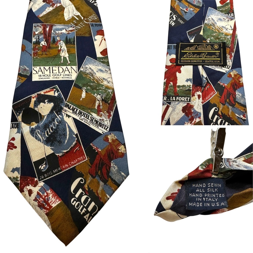 Eddie Bauer Silk Tie Mens OS Vintage Golf Travel Poster Print Navy Multi Y2K